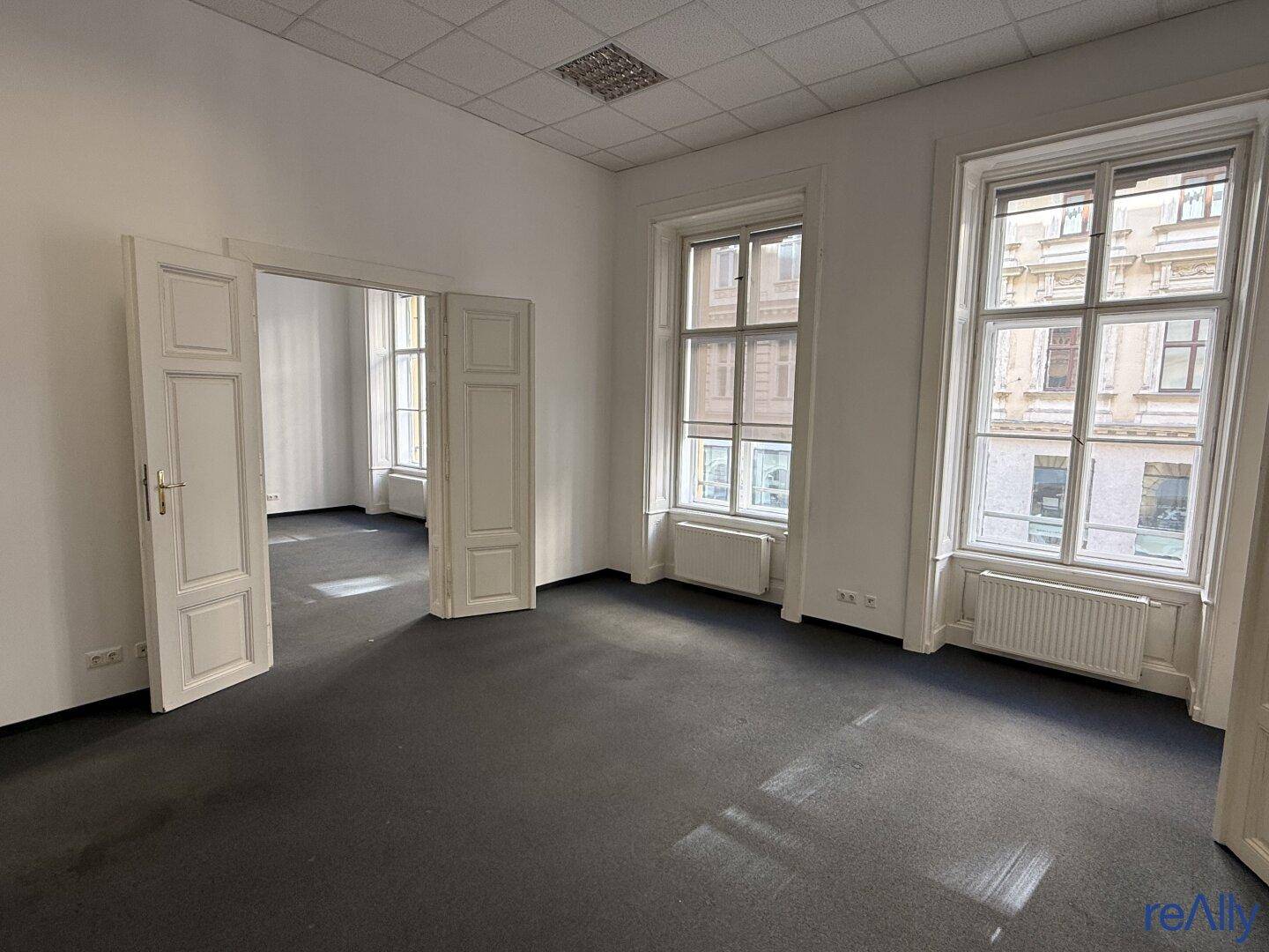 Geräumiges Büro mit dunklem Teppichboden, hohen Fenstern und weißen Doppeltüren.
