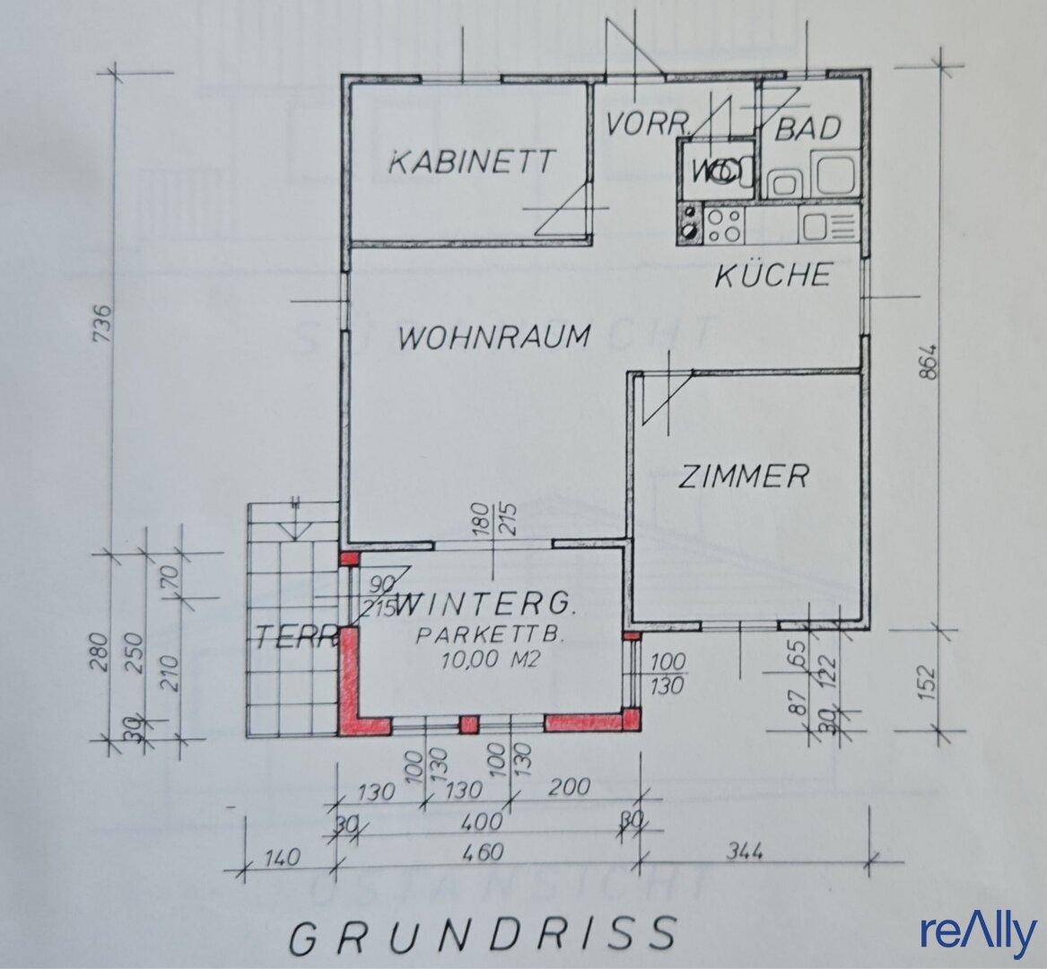 Grundrissplan mit Zimmern, Küche, Bad, WC, Wintergarten und Terrasse.