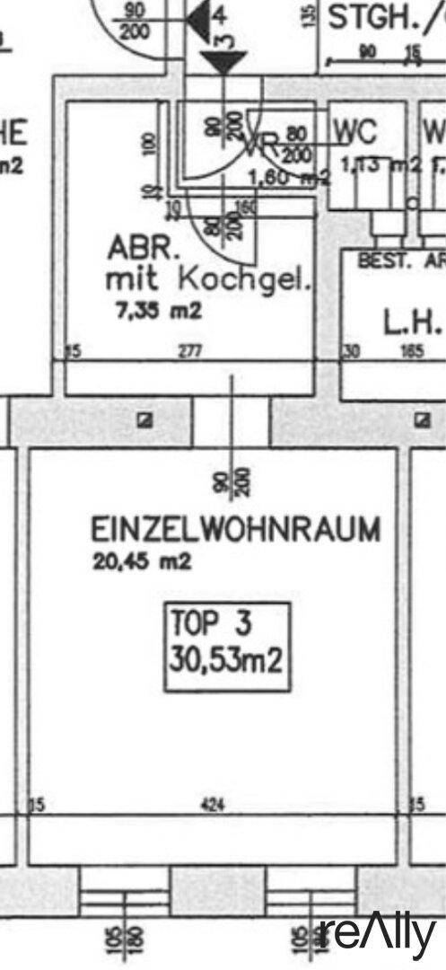 Ausschnitt eines Grundrisses mit Raumaufteilung und Flächenangaben für eine Wohneinheit.