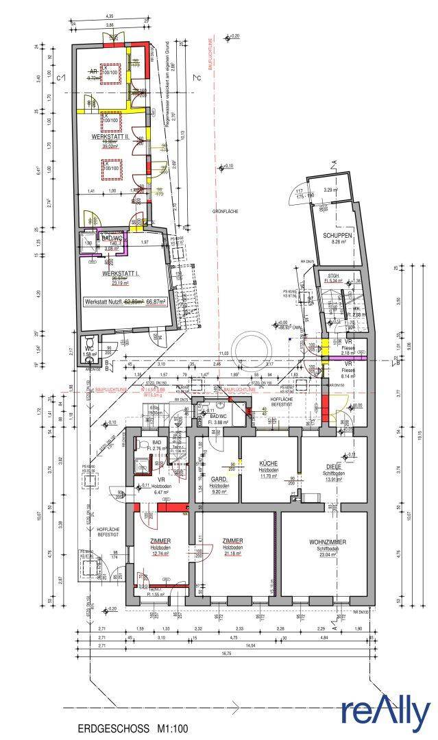 Grundriss des Erdgeschosses mit Zimmern, Küche und Werkstattbereich.