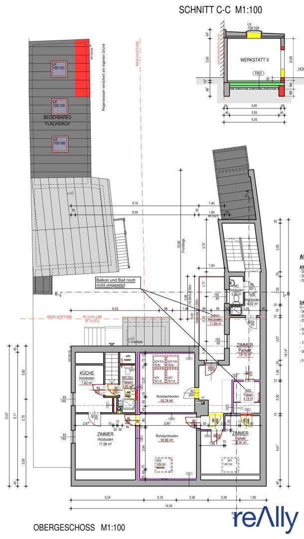 Grundriss des Obergeschosses mit mehreren Zimmern und Balkonplanung.