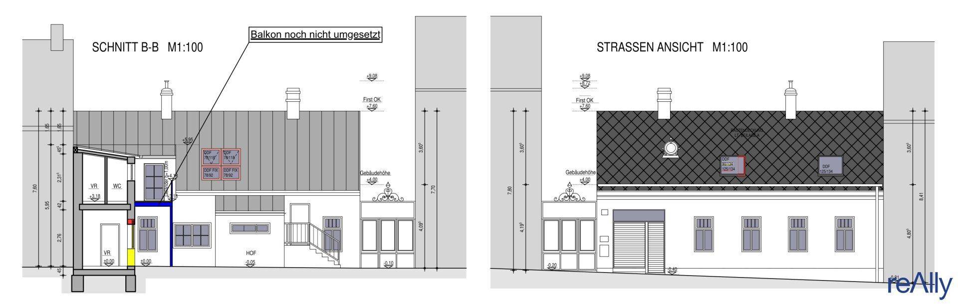 Schnittansicht und Straßenansicht des Gebäudes mit geplantem Balkon und Fenstern.
