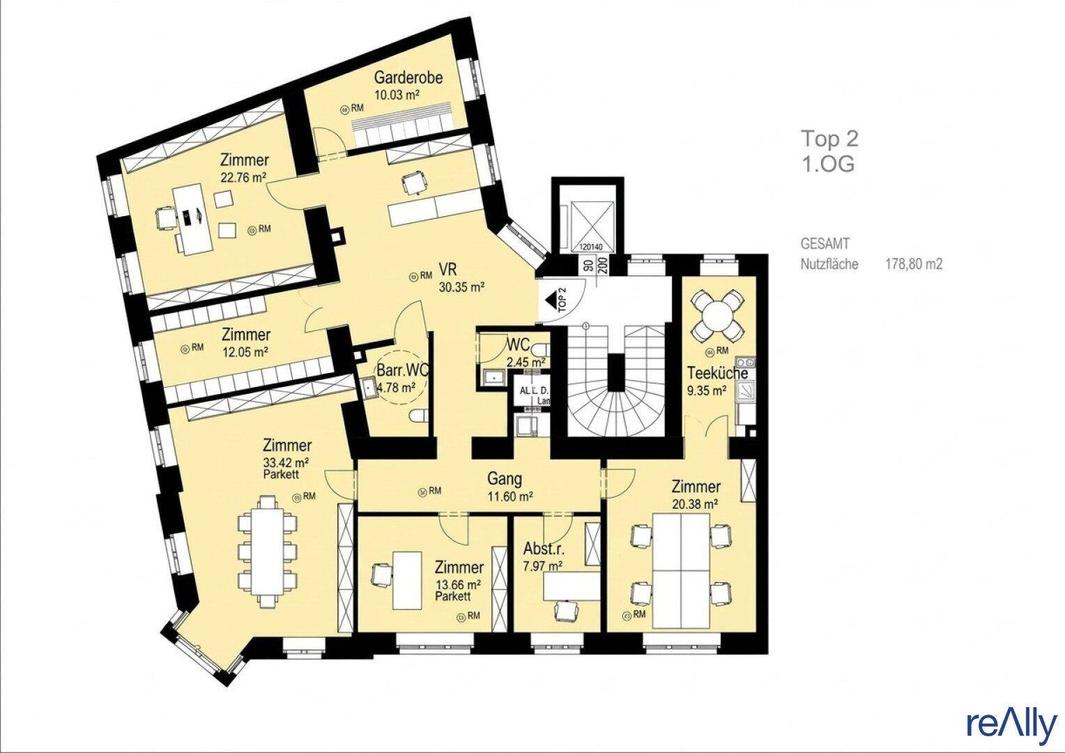 Detaillierter Grundriss der ersten Etage mit Zimmern, Teeküche, Garderobe und Parkettböden.