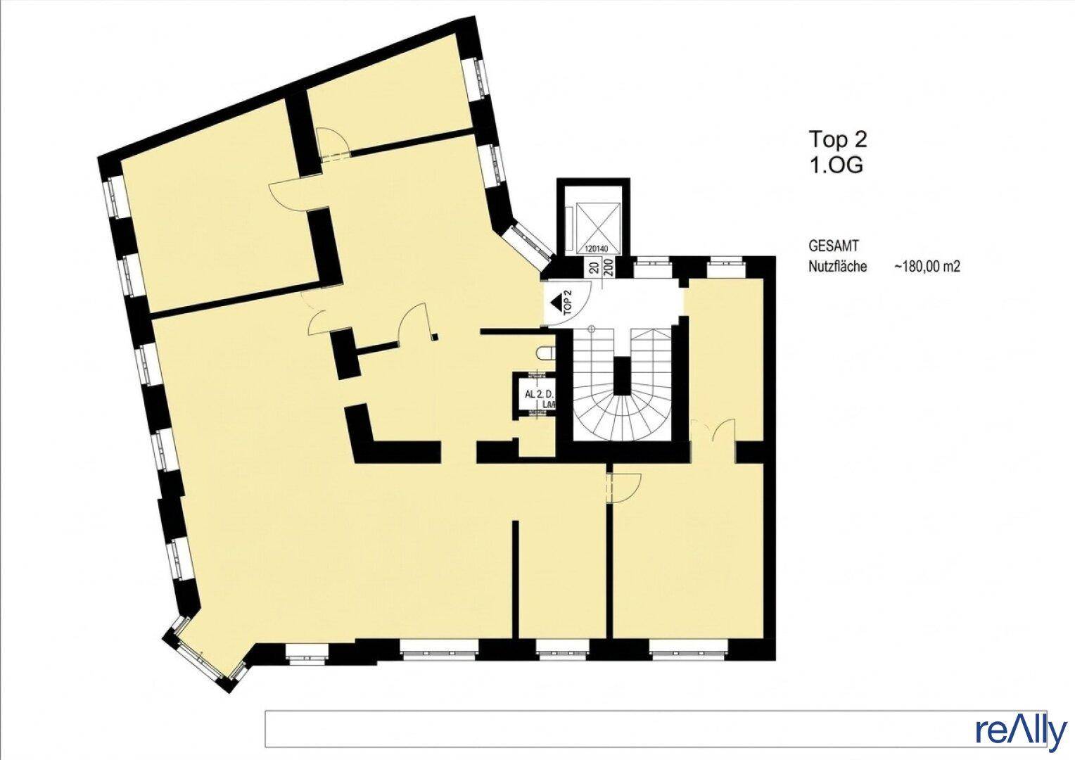 Grundriss der ersten Etage mit Gesamt-Nutzfläche von 180 m² und zentralem Treppenhaus.