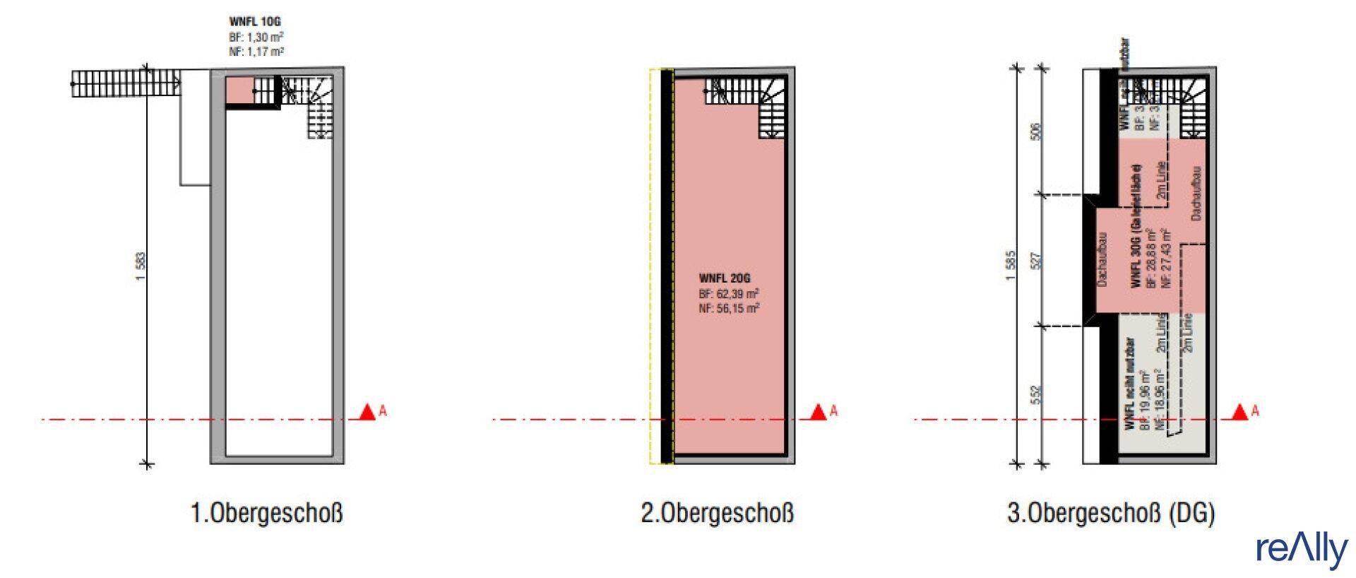 Grundrisse der Obergeschosse und des Dachgeschosses mit Treppenhaus und Wohnflächen.