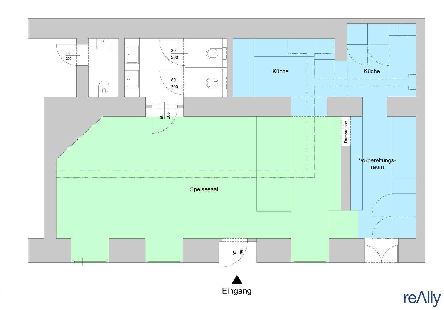 Grundriss des Restaurants mit Speisesaal, Küchenbereichen und Toiletten, inklusive Maßen.