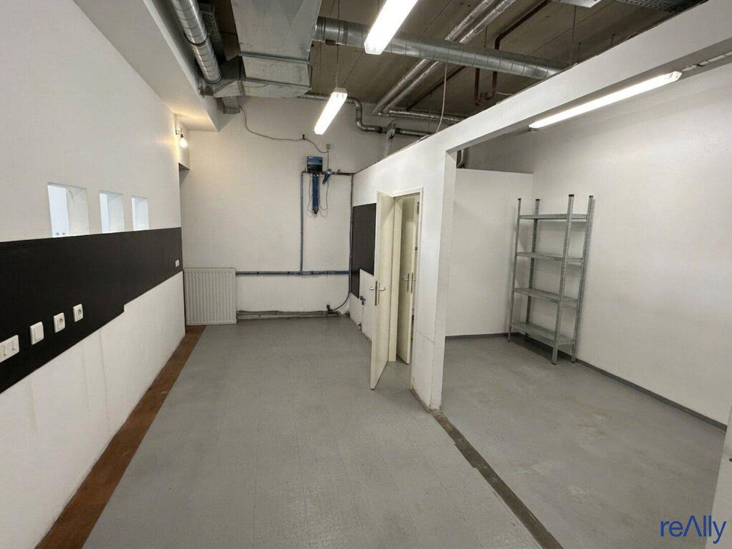 Lagerraum mit Betonboden, sichtbaren Rohren an der Decke und einfachen Regalsystemen, ideal für gewerbliche Nutzung.