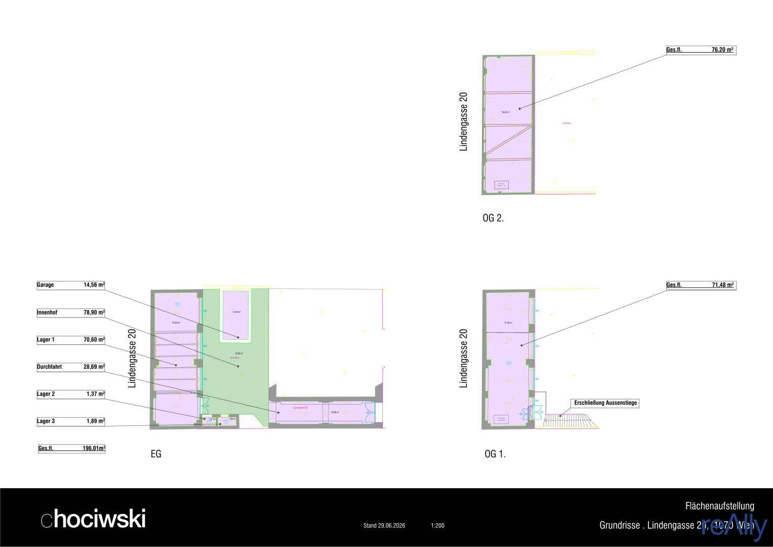 Grundrisse für Erdgeschoss und Obergeschosse eines Gebäudes an der Lindengasse 20, inklusive Garage und Innenhof.