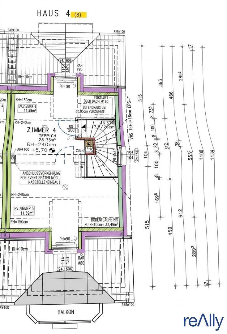 Grundriss des Dachgeschosses mit Zimmern, Balkon und Dachschrägen.