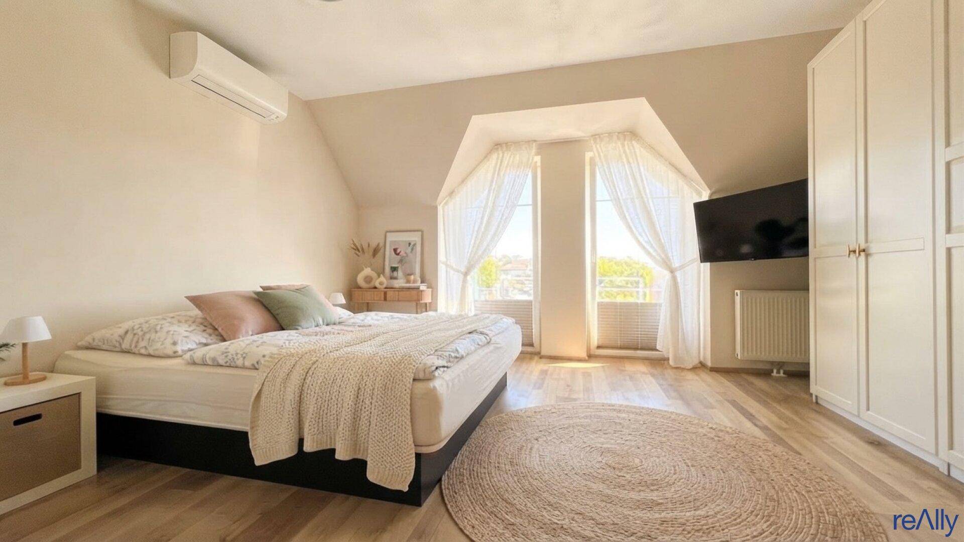 Gemütliches Schlafzimmer im Dachgeschoss mit Doppelbett, Schrank und Klimaanlage.