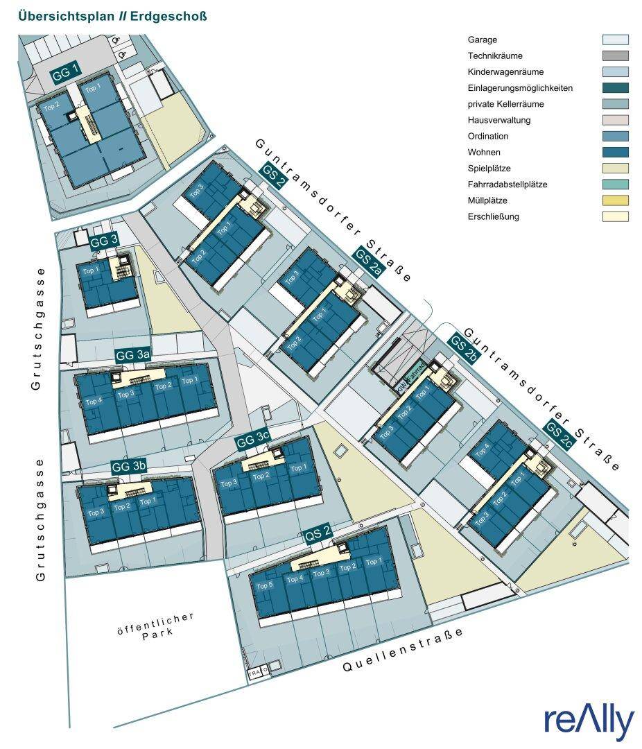 Übersichtsplan einer Wohnanlage mit mehreren Gebäuden, Straßen und öffentlichen Bereichen.