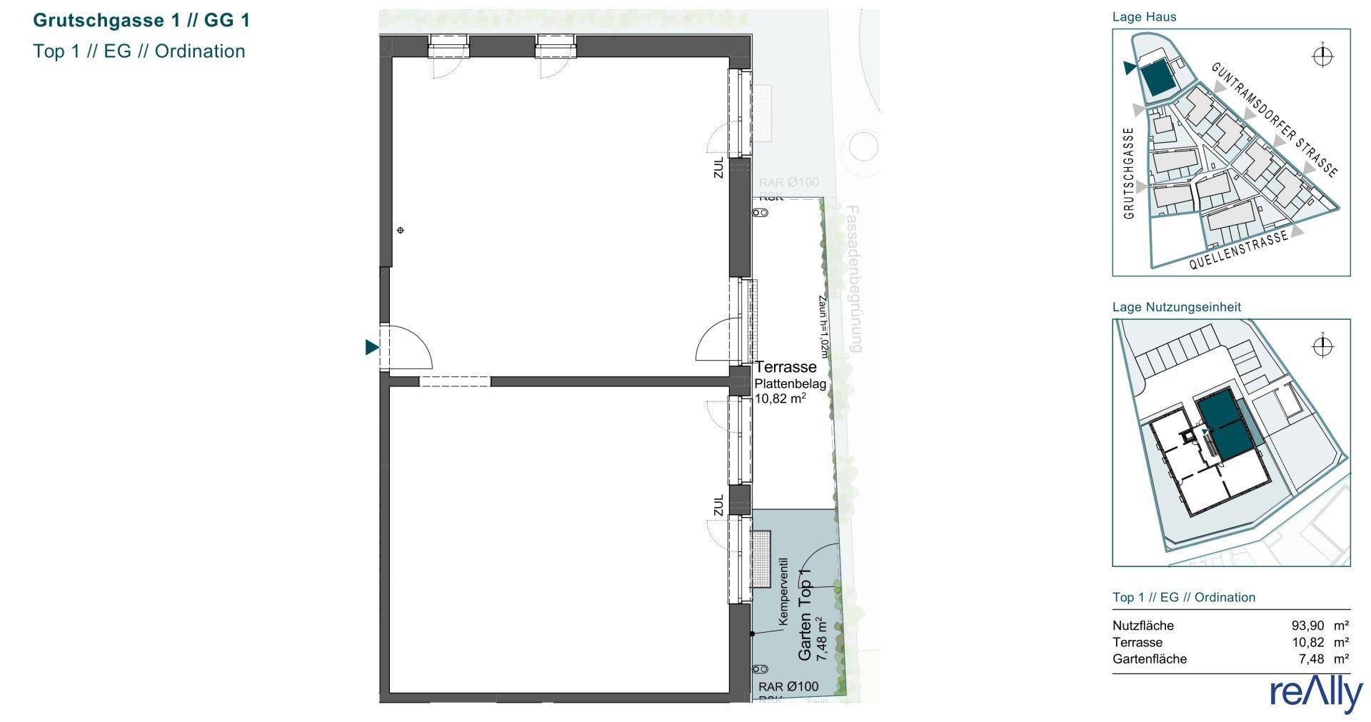 Grundriss einer Erdgeschosswohnung mit Terrasse und Gartenbereich, inklusive Lageplänen.