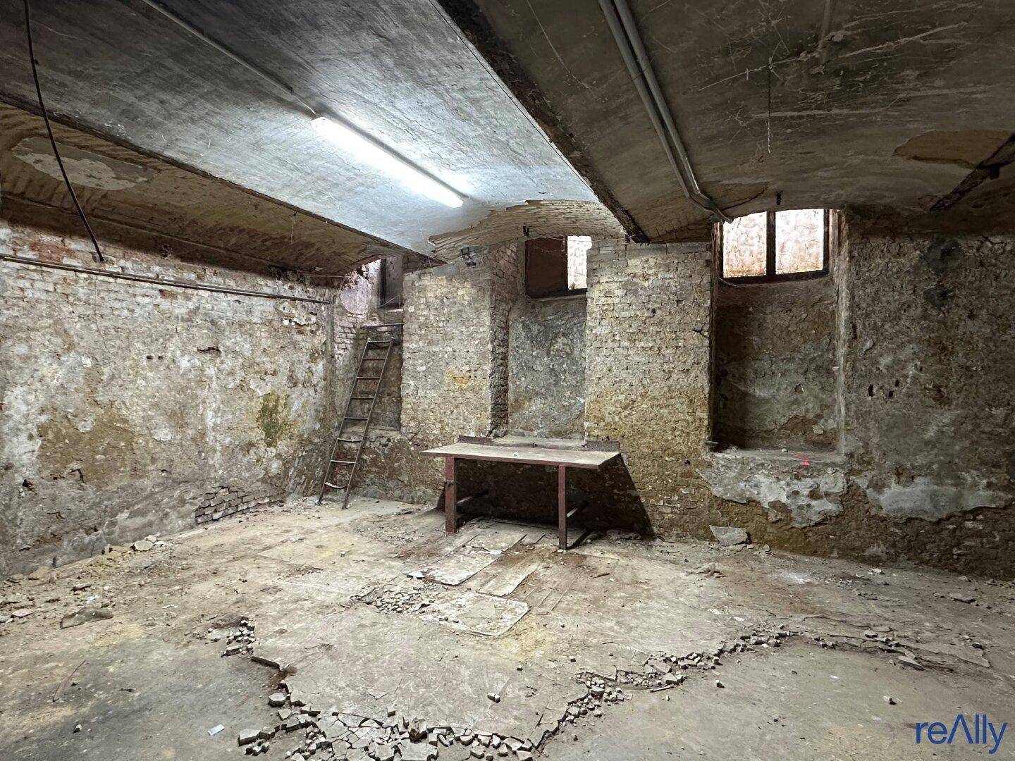 Geräumiger Keller mit rohen Ziegelwänden, einer Holzleiter und einem provisorischen Tisch, der auf eine Sanierung wartet.