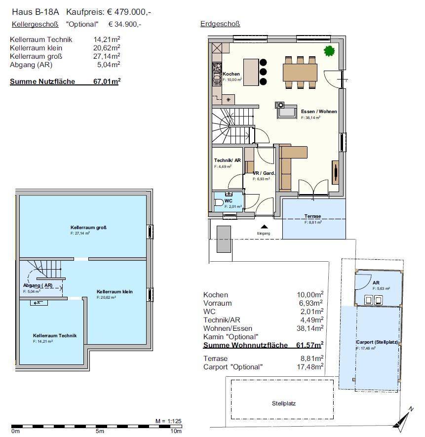 Grundriss des Erdgeschosses und Kellers von Haus B-18A mit offener Küche, Wohnbereich und Terrasse.
