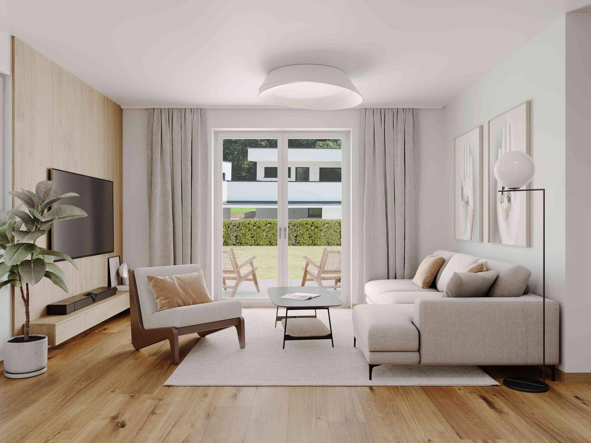 Modernes Wohnzimmer mit bequemer Couch, Holzboden und großem Fenster mit Blick auf den Garten.