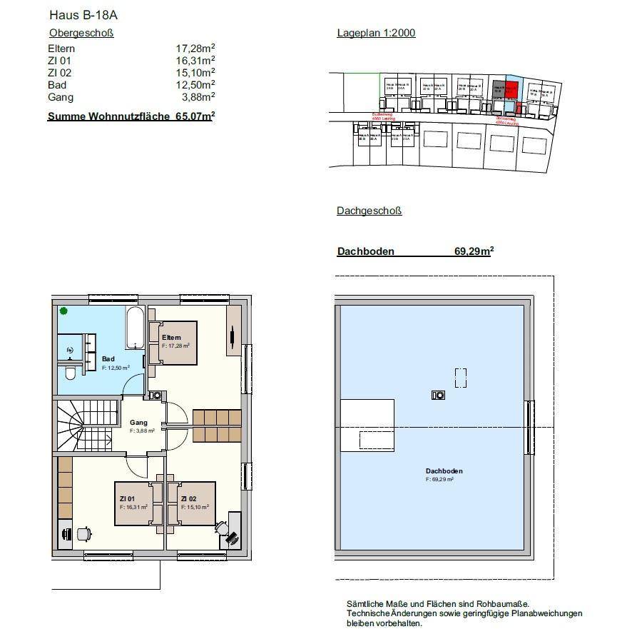 Grundriss des Obergeschosses und Dachbodens von Haus B-18A mit Schlafzimmern, Bad und Flur.