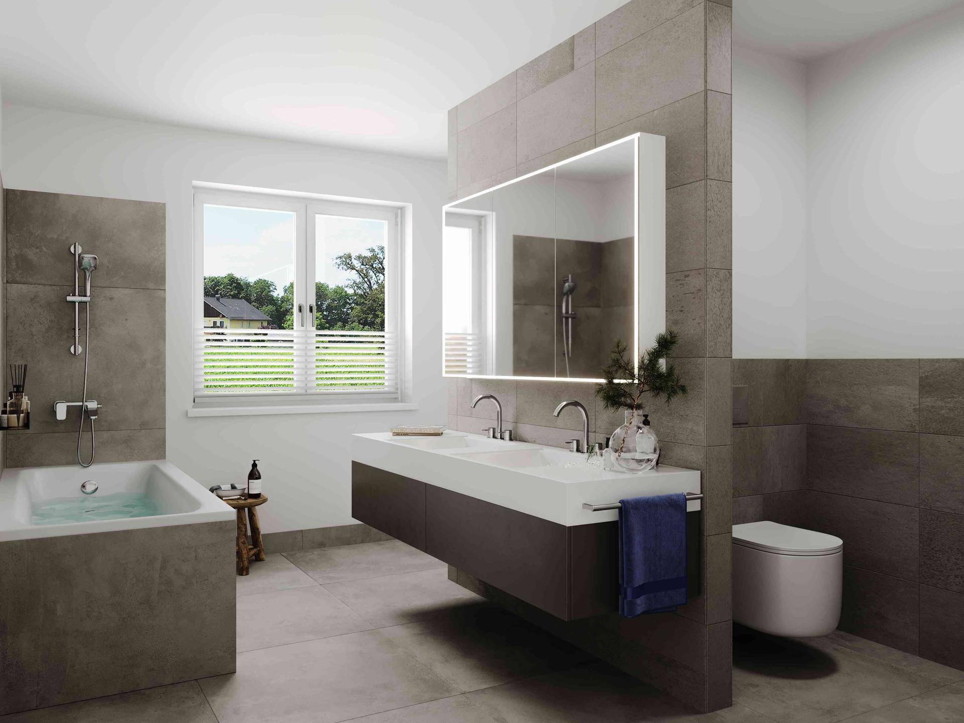 Modernes Badezimmer mit Doppelwaschbecken, Badewanne, Wand-WC und Fenster für natürliches Licht.