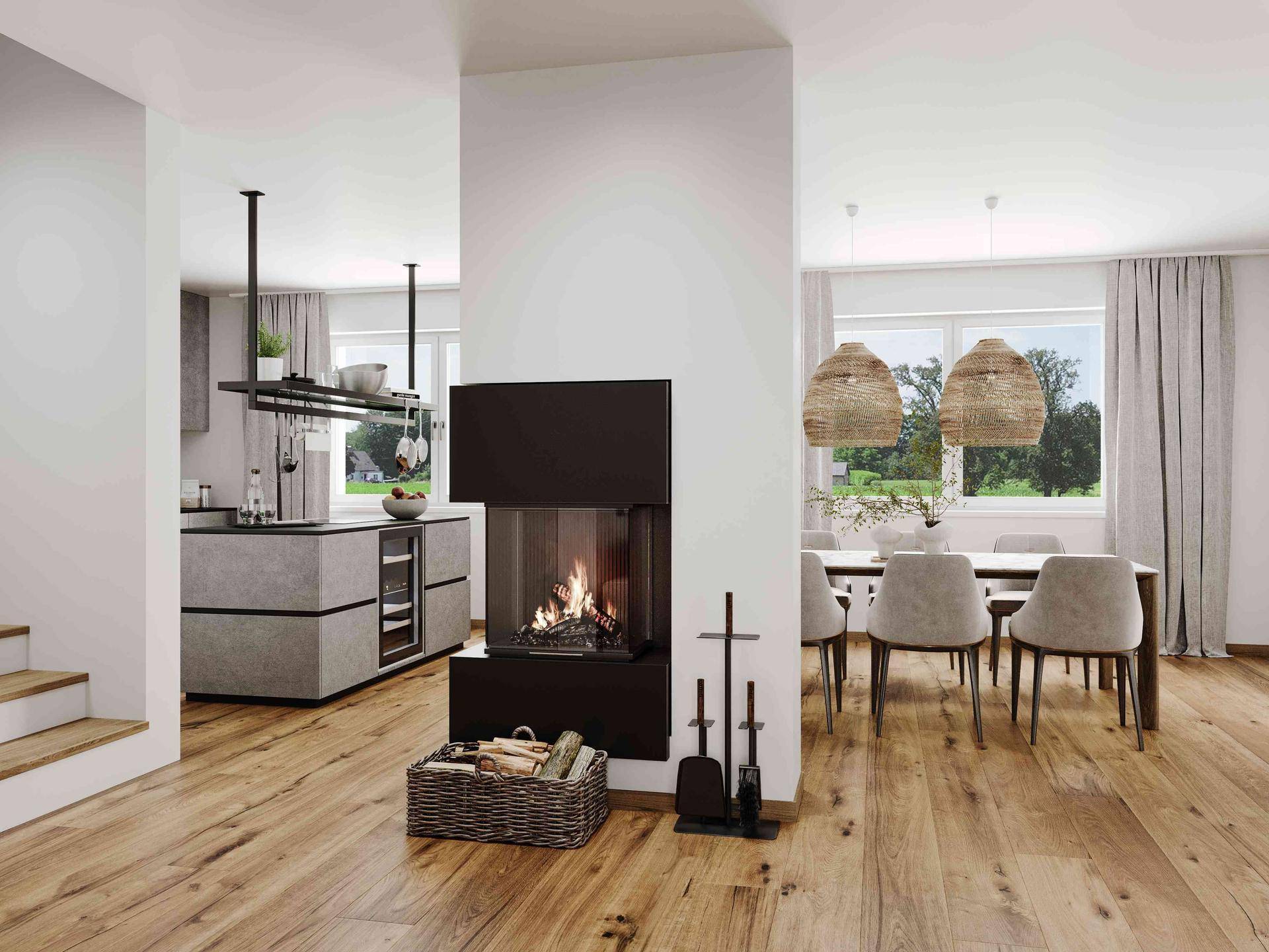 Offener Wohnbereich mit modernem Kamin, Essbereich und angrenzender Küche, alles auf elegantem Holzboden.