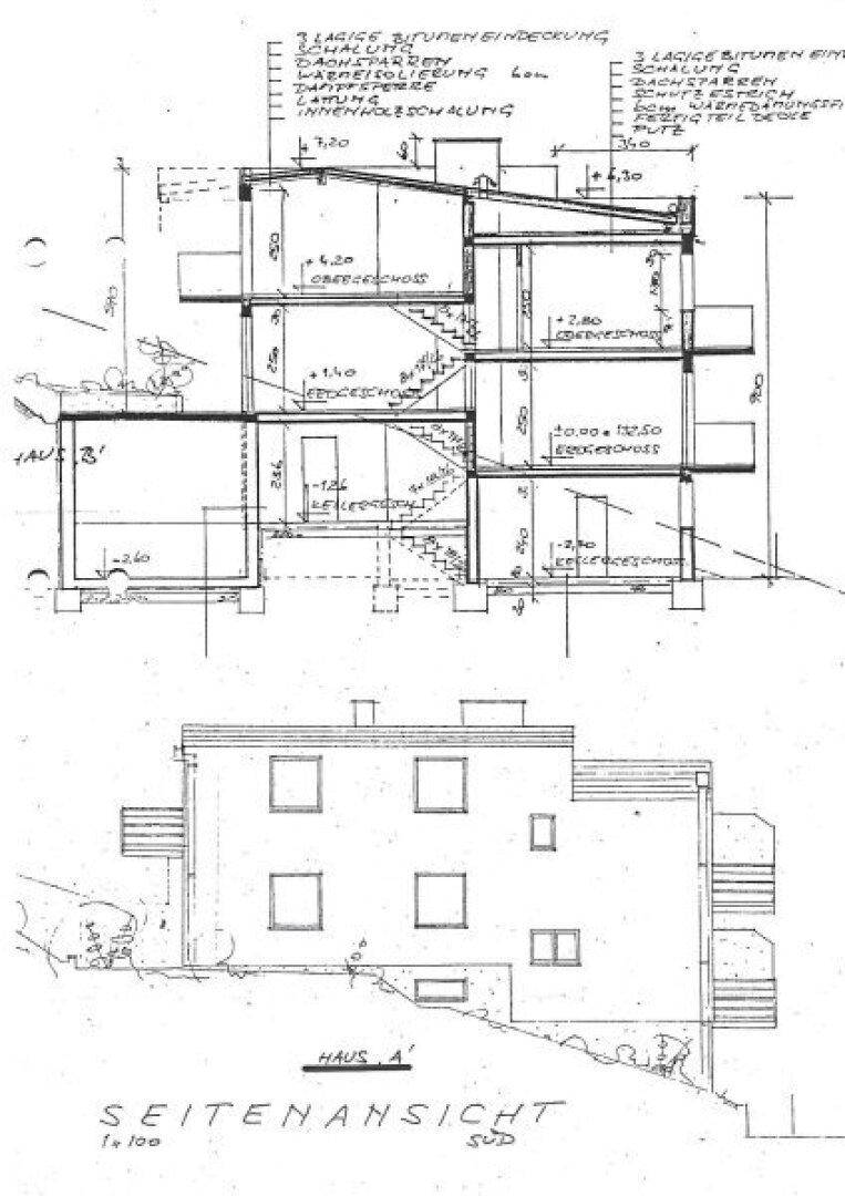Architektonische Zeichnung zeigt einen Gebäudeschnitt mit mehreren Ebenen und eine Seitenansicht.