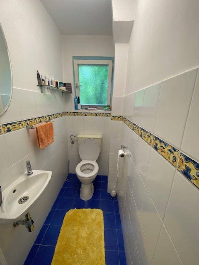 Kleines Gäste-WC mit blauen Bodenfliesen, weißer Toilette und Waschbecken.
