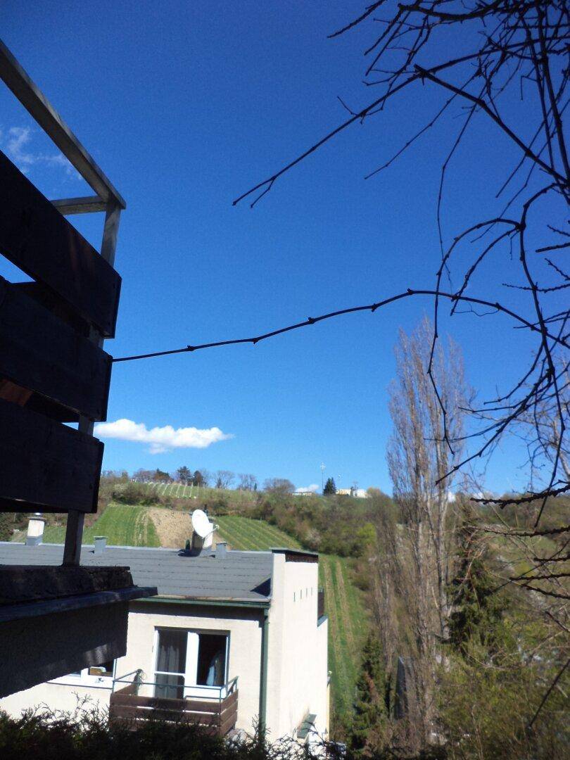 Weitblick von einem Balkon über Weinberge und die umliegende Landschaft unter blauem Himmel.