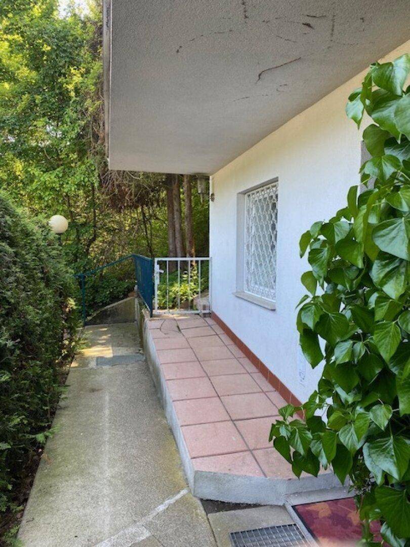 Seitlicher Zugang zum Haus mit gefliestem Bereich und üppiger grüner Vegetation.