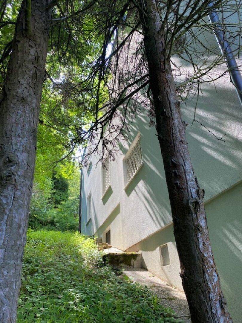 Seitenansicht des Hauses, umgeben von üppigem Grün und Bäumen.