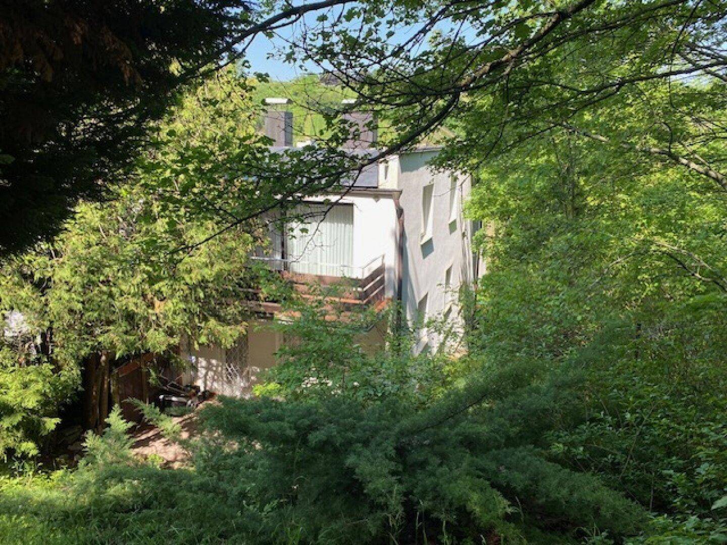 Rückansicht des Hauses mit Balkon und einer kleinen Terrasse im Erdgeschoss, umgeben von Bäumen.