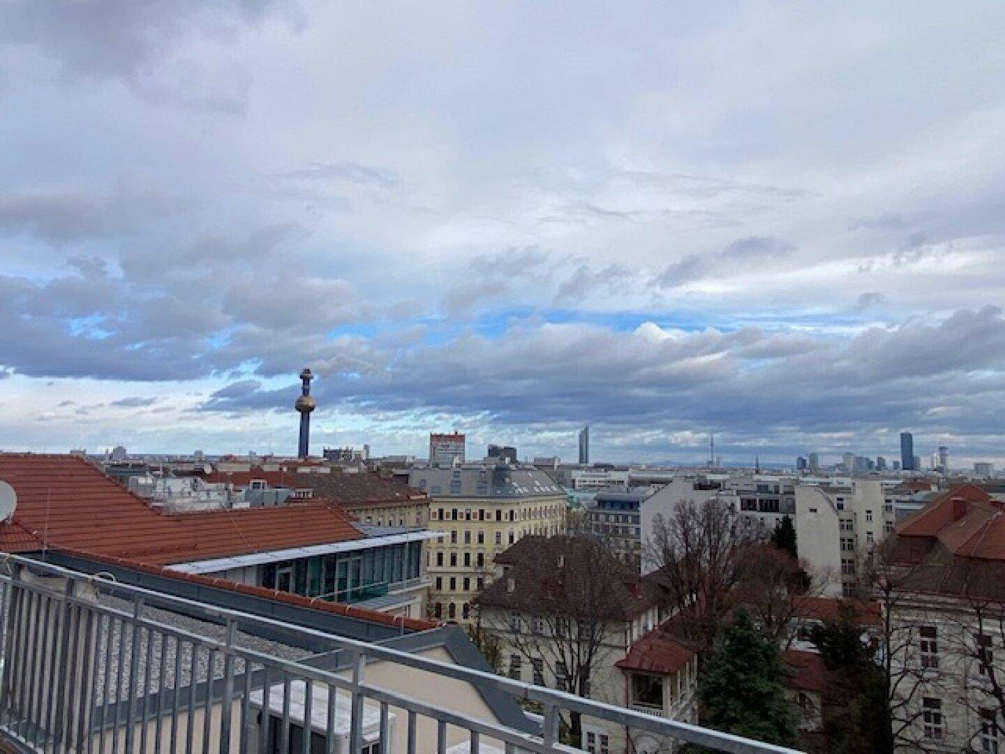 Panoramablick über die Dächer der Stadt mit historischer Architektur und weitem Horizont unter bewölktem Himmel.