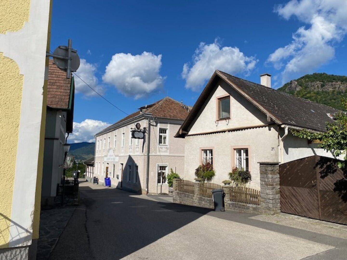 Charmante Gebäude in einer ländlichen Straße mit traditioneller Architektur und Bergblick.