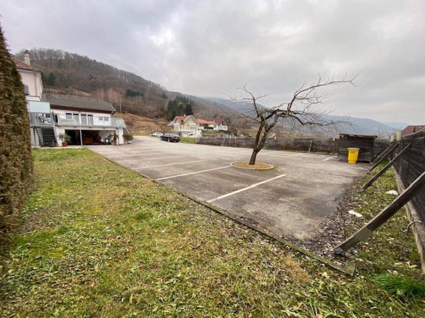 Weitläufiger Parkplatz mit einem einzelnen Baum und Blick auf die umliegende Hügellandschaft.