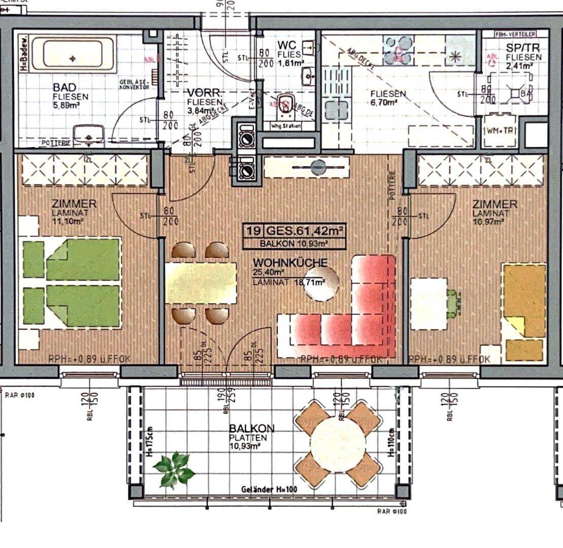 Grundriss einer Wohnung mit zwei Schlafzimmern, Wohnküche und Balkon.