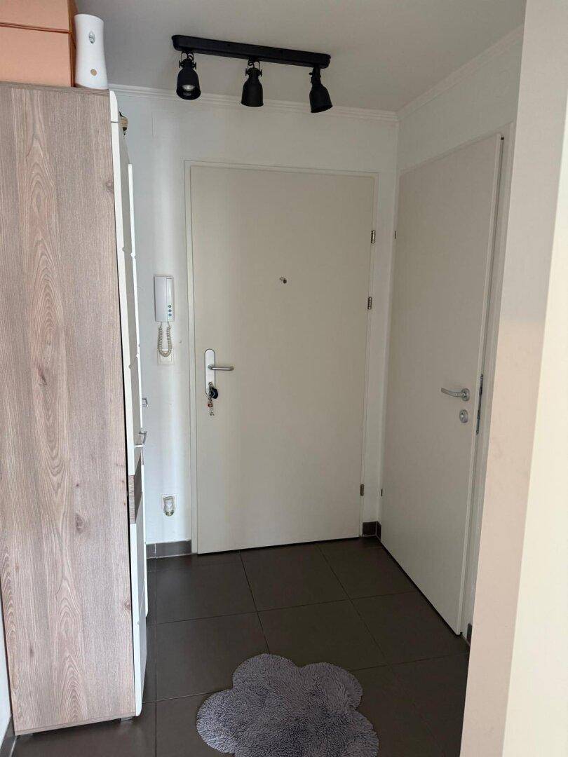 Eingangsbereich mit dunklen Fliesen, Garderobenschrank und Gegensprechanlage.