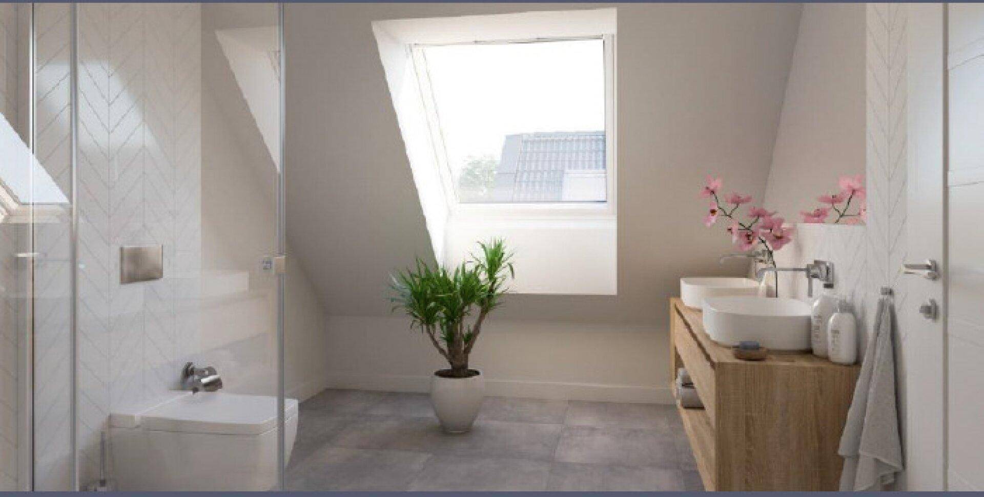 Modernes Badezimmer im Dachgeschoss mit Doppelwaschbecken, begehbarer Dusche und Dachfenster für viel Licht.