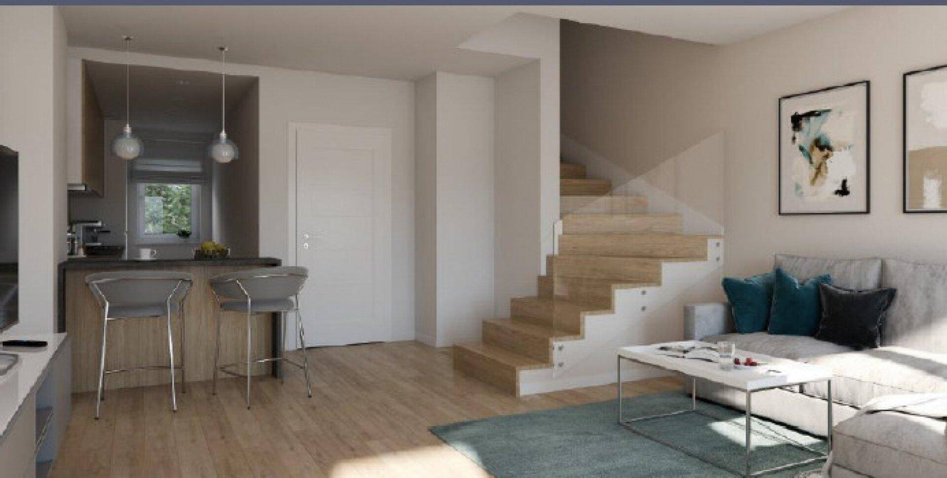 Heller Wohnbereich mit offener Küche, Bartheke und eleganter Holztreppe mit Glasgeländer.
