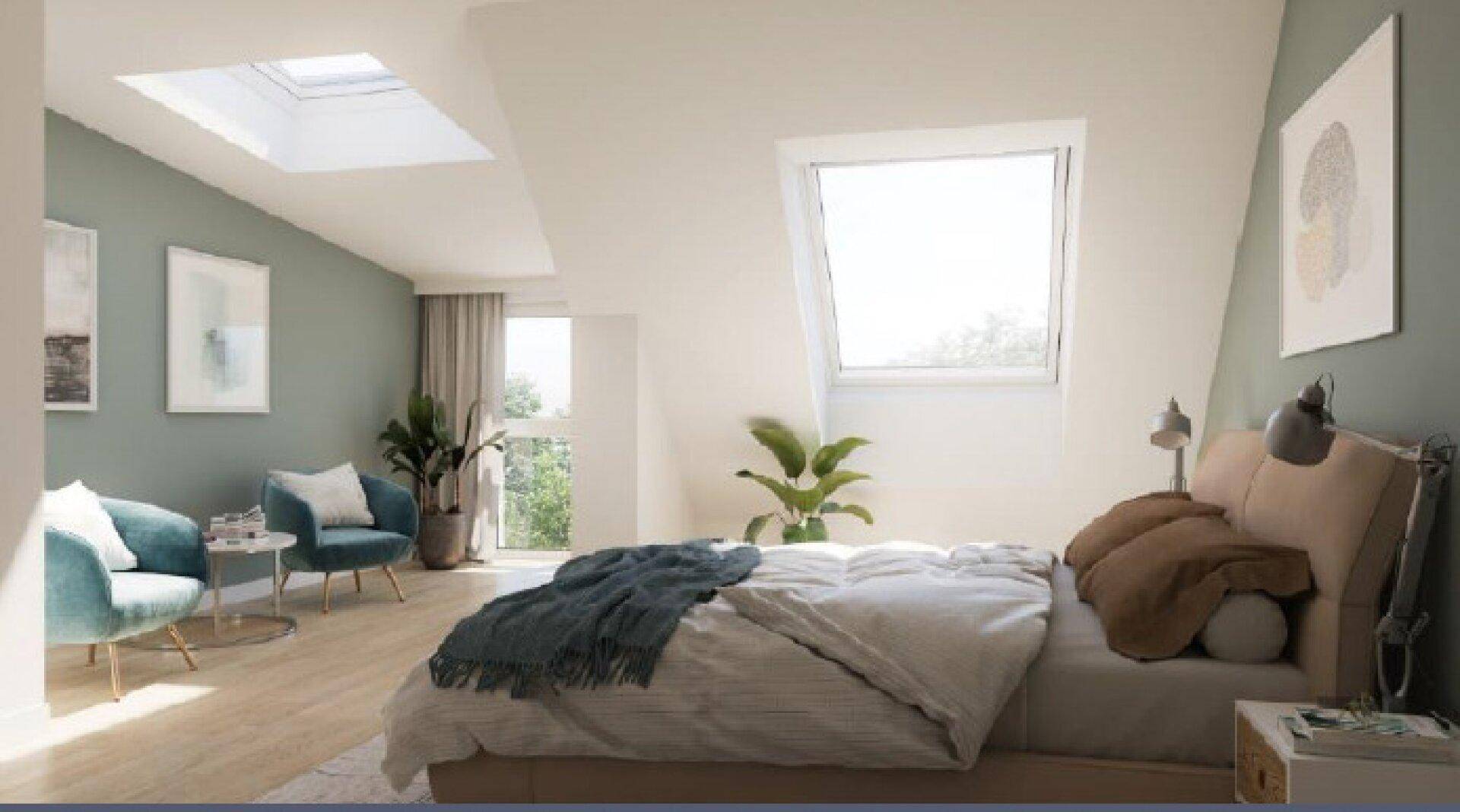 Helles Schlafzimmer im Dachgeschoss mit Dachfenster, Balkonzugang und moderner Einrichtung.