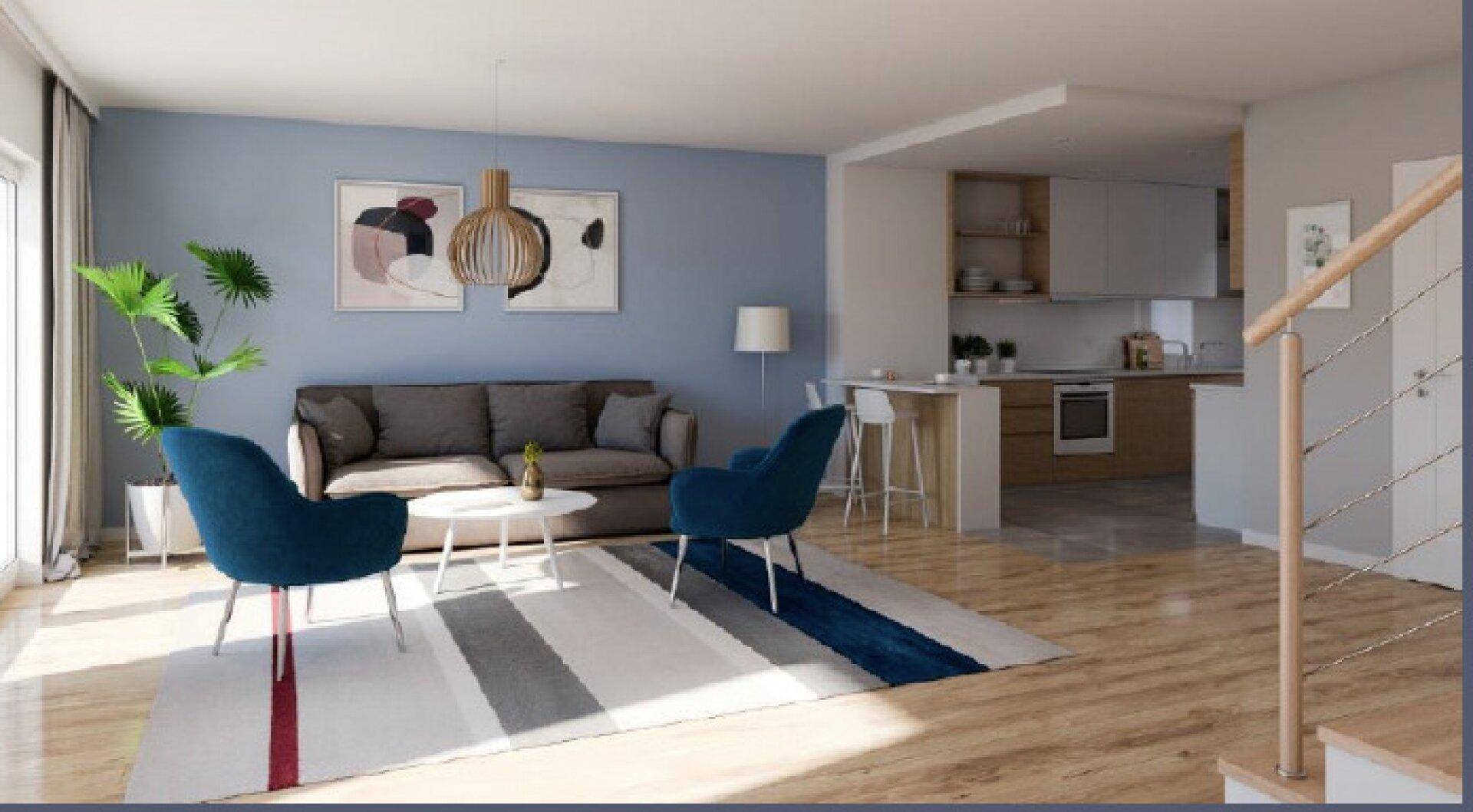 Geräumiger offener Wohn- und Essbereich mit integrierter Küche und Holztreppe, ideal für modernes Wohnen.