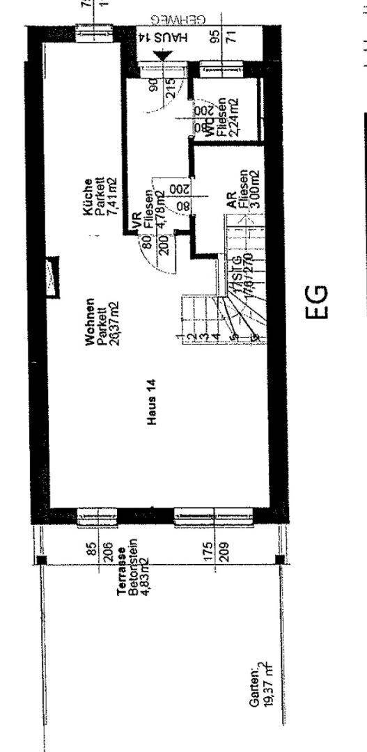 Grundriss des Erdgeschosses mit Wohnbereich, Küche und Terrasse.