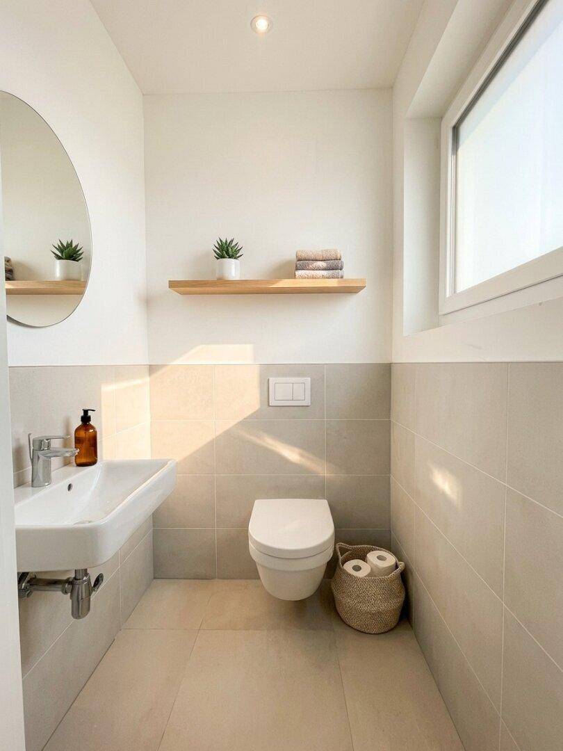 Modernes Gäste-WC mit Wand-WC, Waschbecken und Fenster.