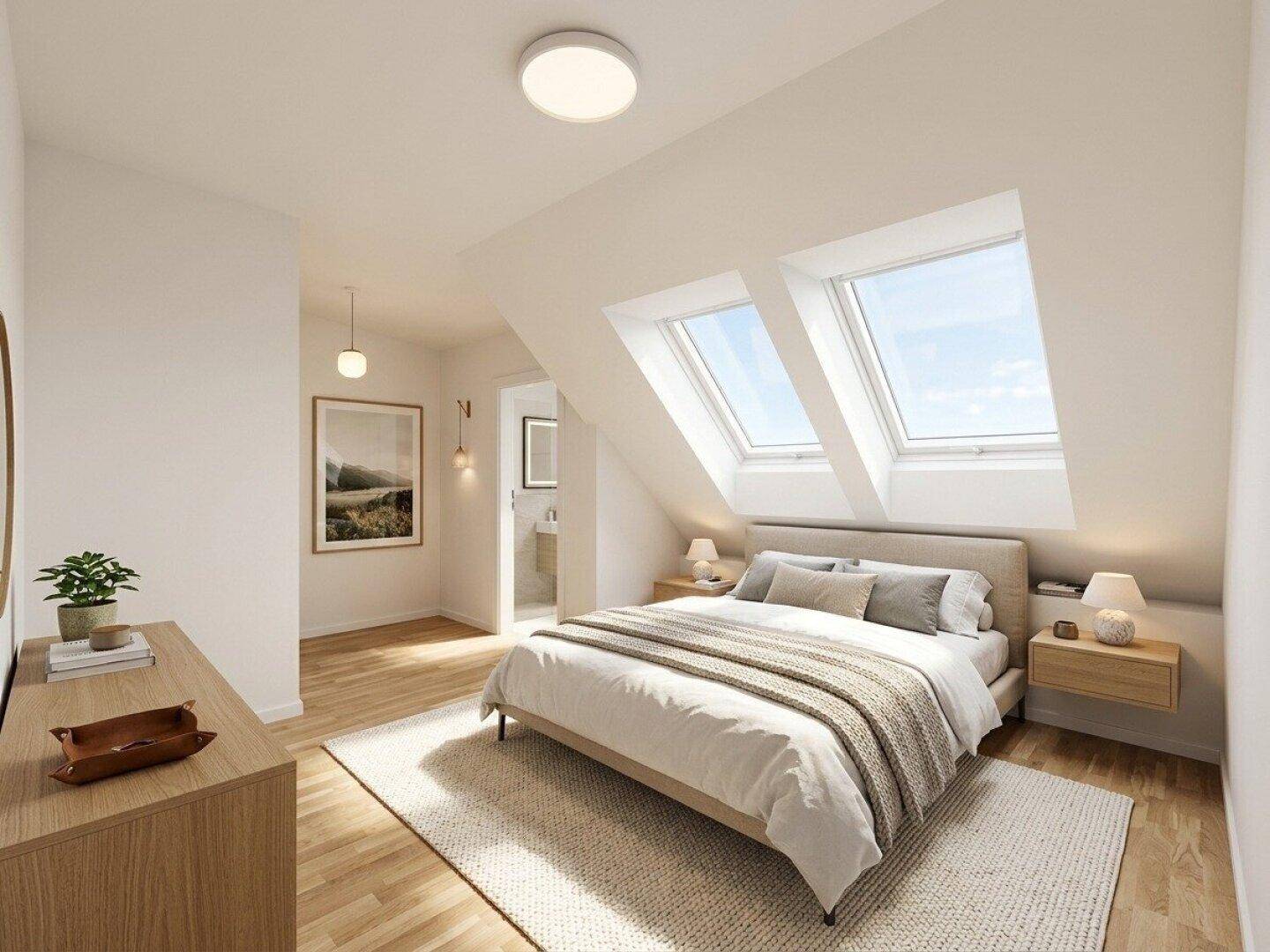 Helles Schlafzimmer im Dachgeschoss mit Dachfenstern, Holzboden und moderner Einrichtung.