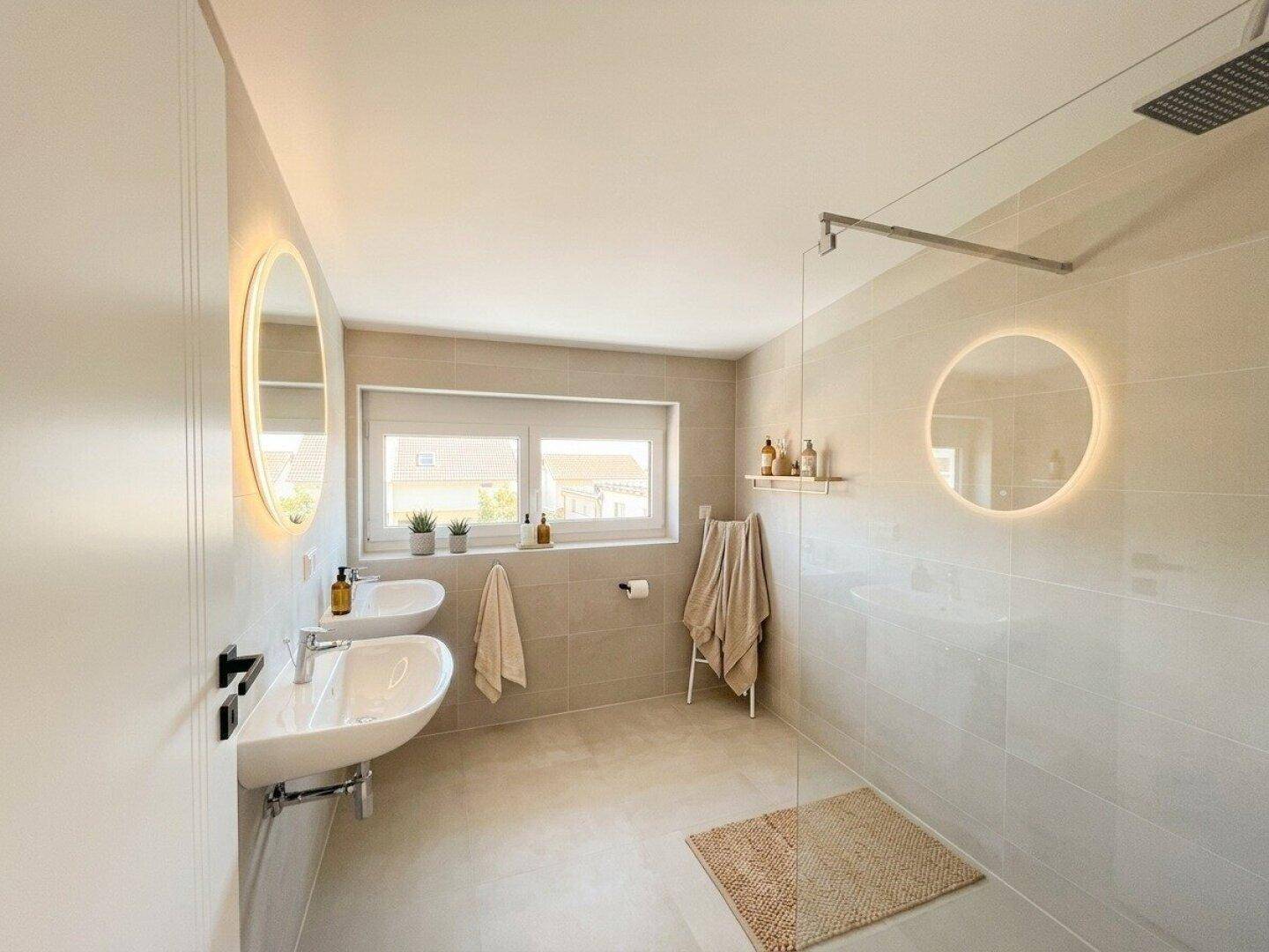 Modernes Badezimmer mit Doppelwaschbecken, großer begehbarer Dusche und Fenster.