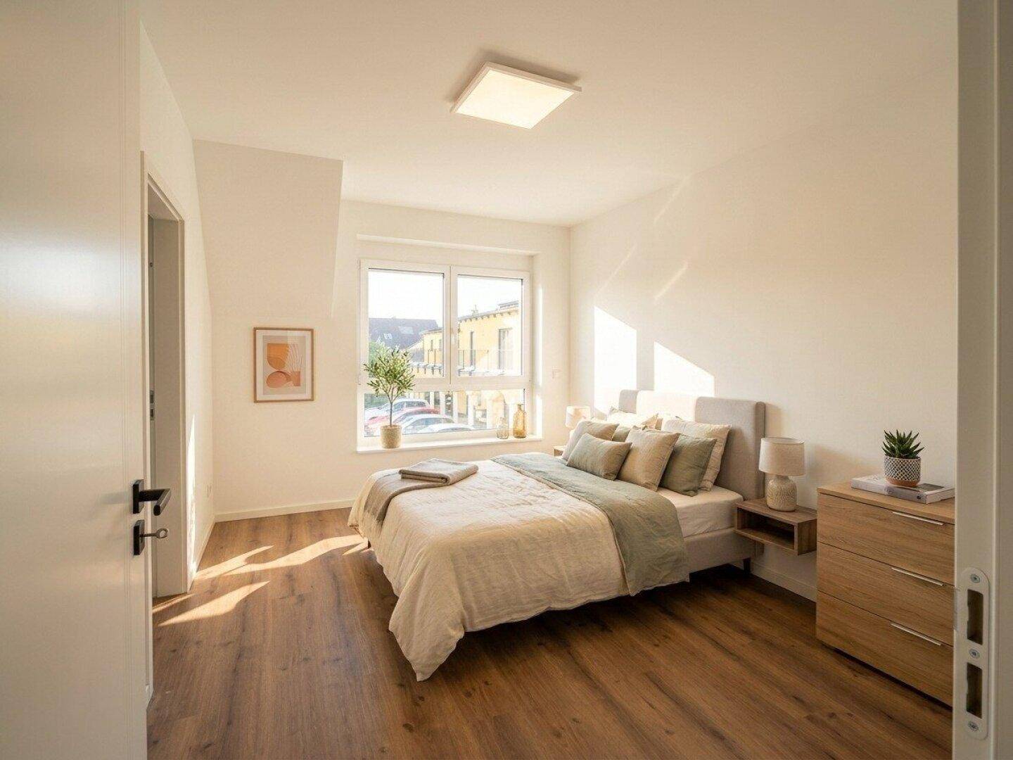 Gemütliches Schlafzimmer mit großem Fenster, Holzboden und viel Tageslicht.