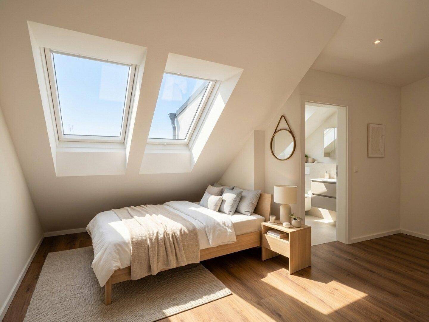 Helles Schlafzimmer im Dachgeschoss mit zwei Dachfenstern und Holzboden.
