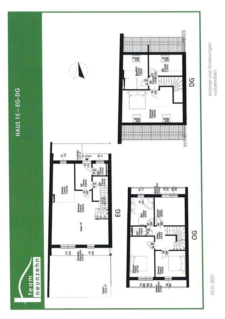 Grundriss für Haus 15 mit Erdgeschoss, Obergeschoss und Dachgeschoss.