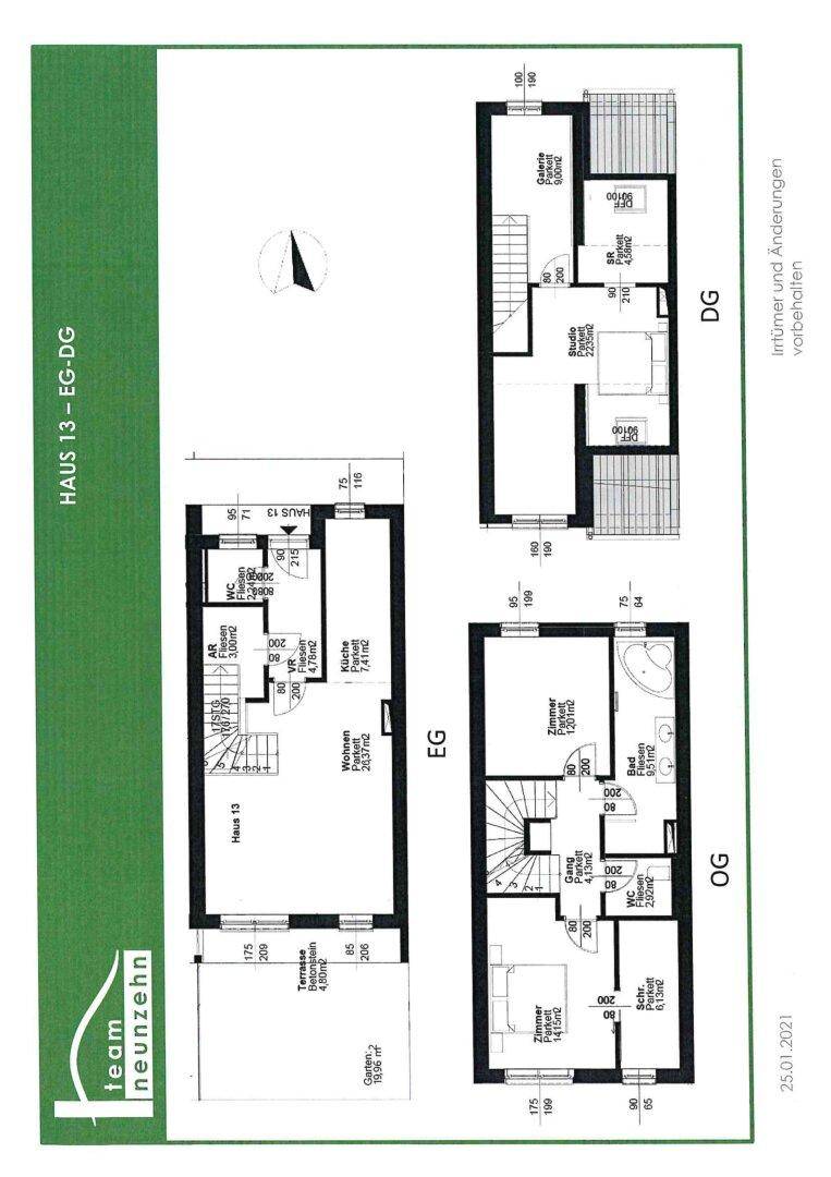Grundriss für Haus 13 mit Erdgeschoss, Obergeschoss und Dachgeschoss.