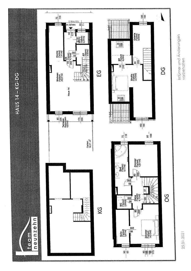 Grundriss für Haus 14 mit Kellergeschoss, Erdgeschoss, Obergeschoss und Dachgeschoss.