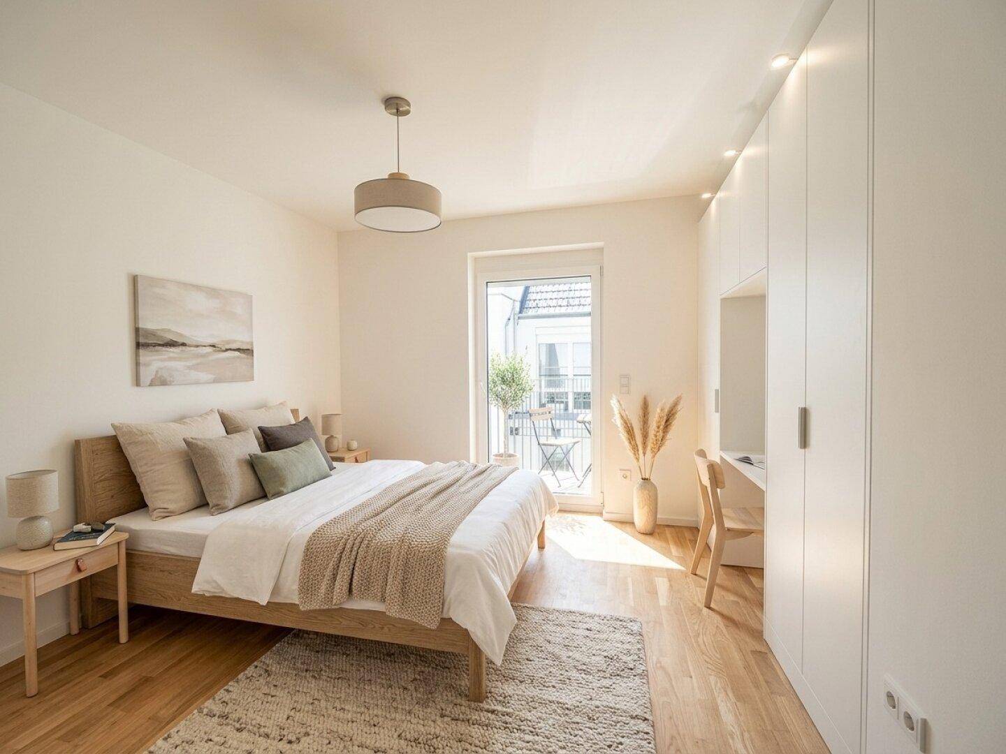 Helles Schlafzimmer mit Holzboden, Einbauschränken und Zugang zum Balkon.