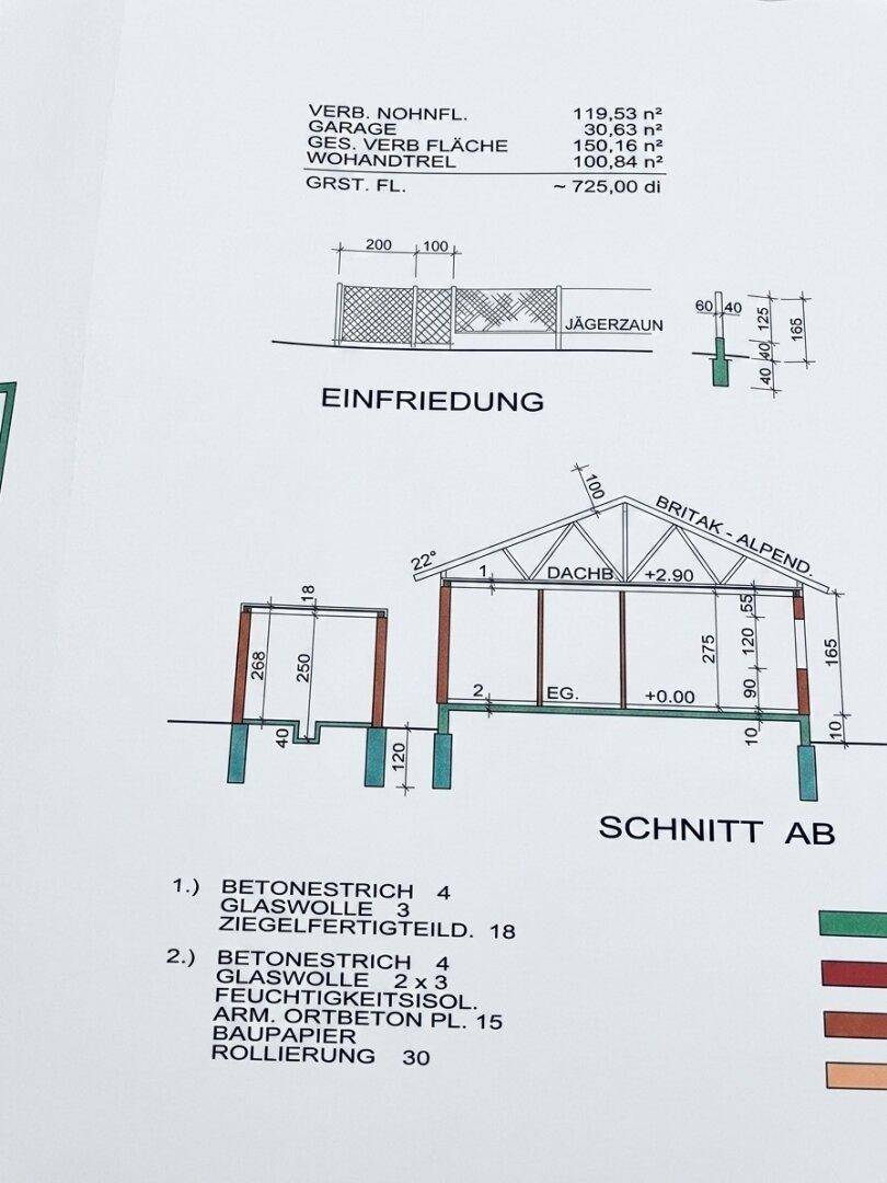 Schnittzeichnung des Gebäudes mit Dachkonstruktion und Details zur Einfriedung des Grundstücks.