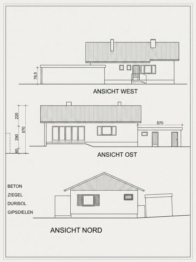 Architektonische Ansichten des Hauses von West, Ost und Nord mit Fenster- und Dachdetails.