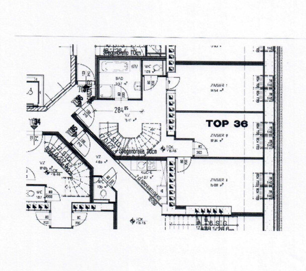 Detaillierter Grundriss der Wohnung TOP 36 mit mehreren Zimmern, Bad und separatem WC.
